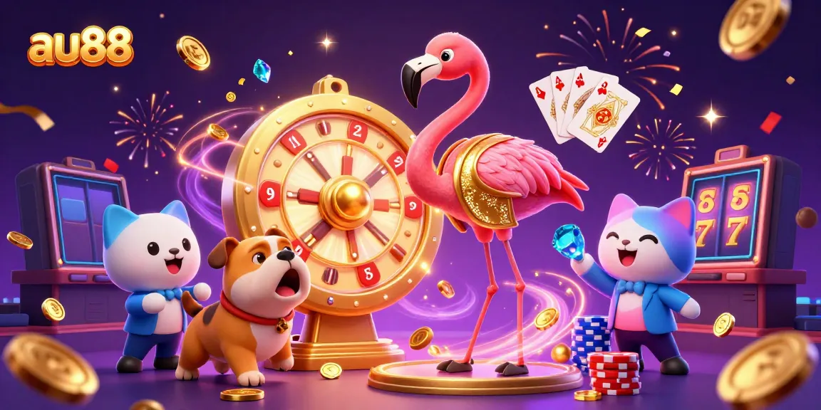 Engage in thrilling gameplay at au88 with a dynamic carnival scene of fun characters celebrating huge winnings.