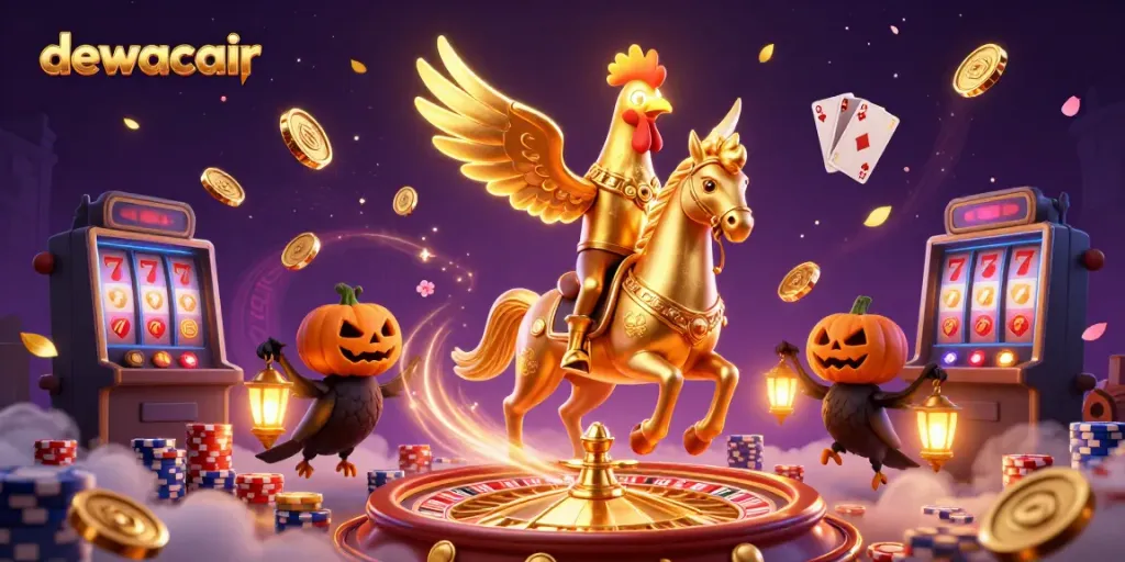 Experience the vibrant casino adventure in dewacair with a golden rooster and mystical elements.