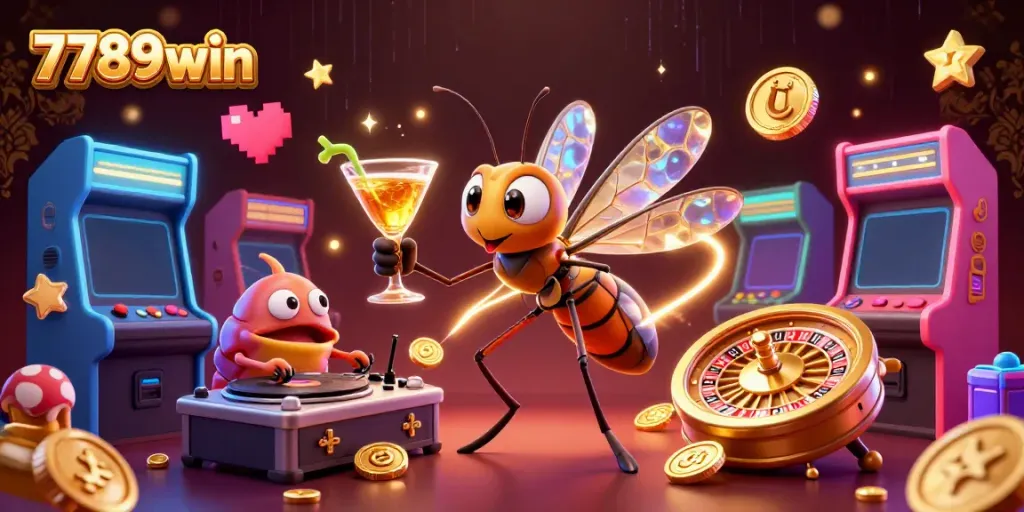 Experience the thrill of 7789win with a vibrant 3D illustration featuring a casino mascot and gaming elements