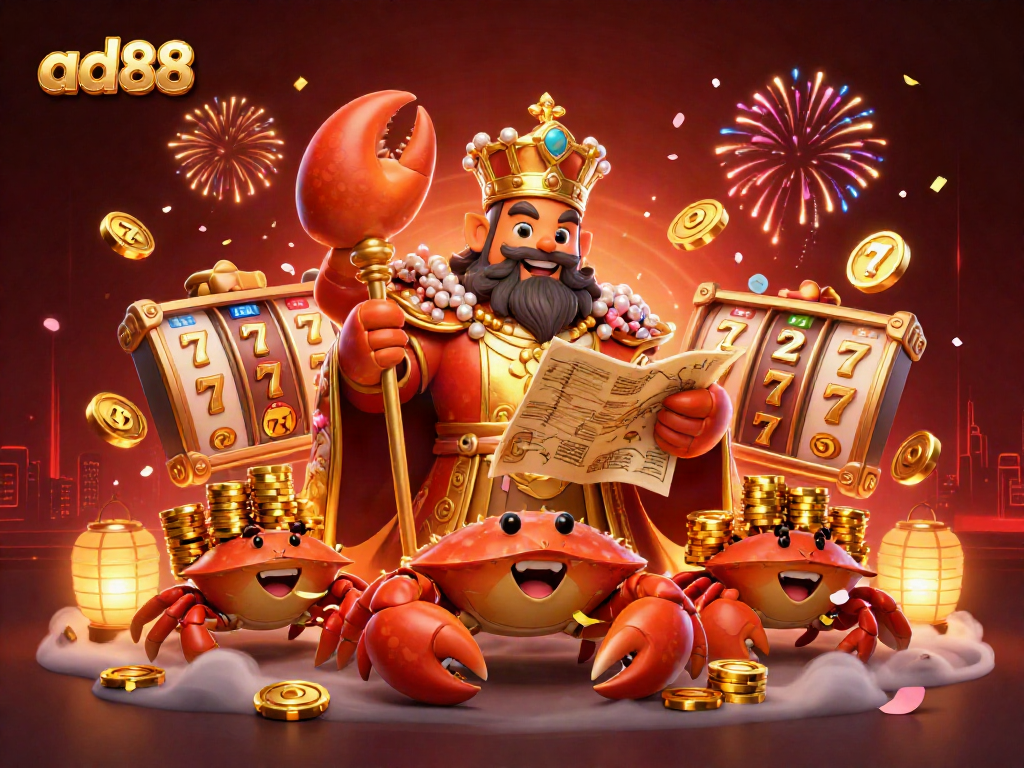 Experience thrilling wins with ad88 in a stunning 3D casino scene featuring a golden crab emperor and exciting slot elements.