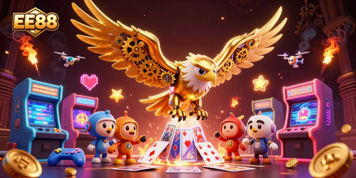 Experience the excitement of EE88 with a 3D golden eagle diving through playing cards in a vibrant casino scene.