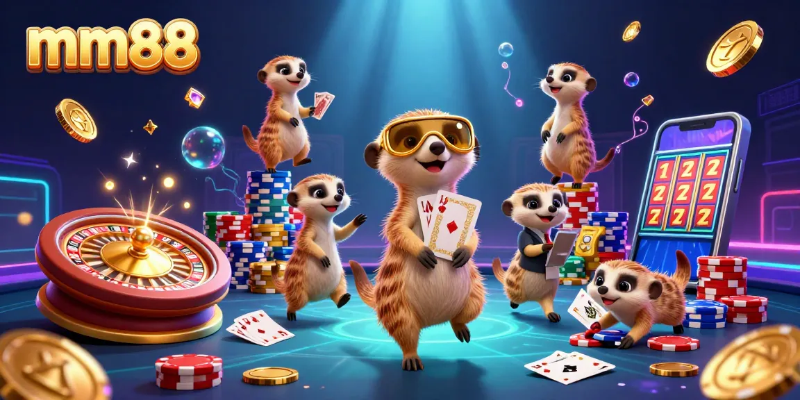 mm88 gaming meerkats operating a casino with vibrant casino elements and action-packed visuals