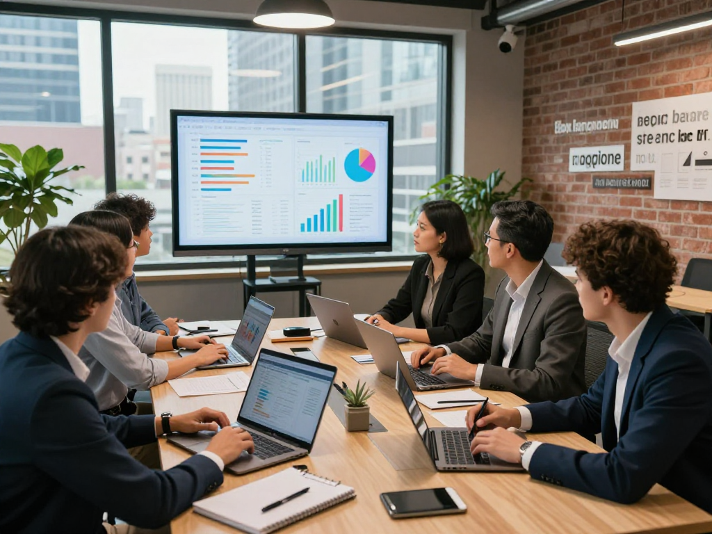 Strategic business discussion showcasing seanbowieforaz analytics in a modern office setting.