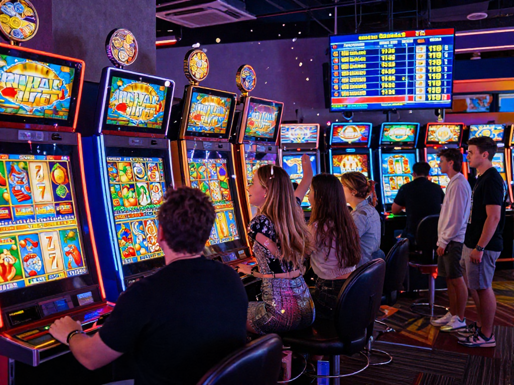 A young woman celebrates a winning slot jackpot with friends in an exciting gambling arcade filled with vibrant colors and festive lights.