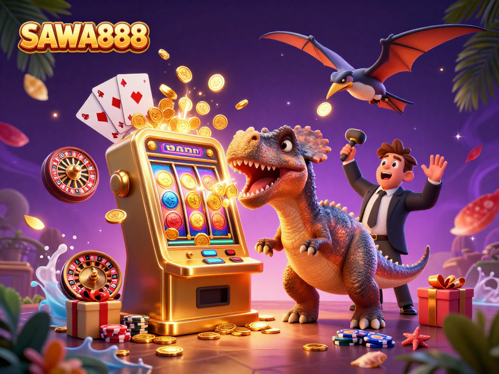 SAWA888 features a pachycephalosaurus winning jackpots at a vibrant casino scene.