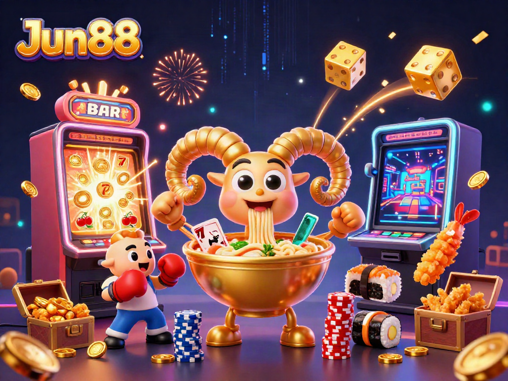 Join the excitement at Jun88's vibrant casino scene featuring a golden ramen bowl and energetic characters.