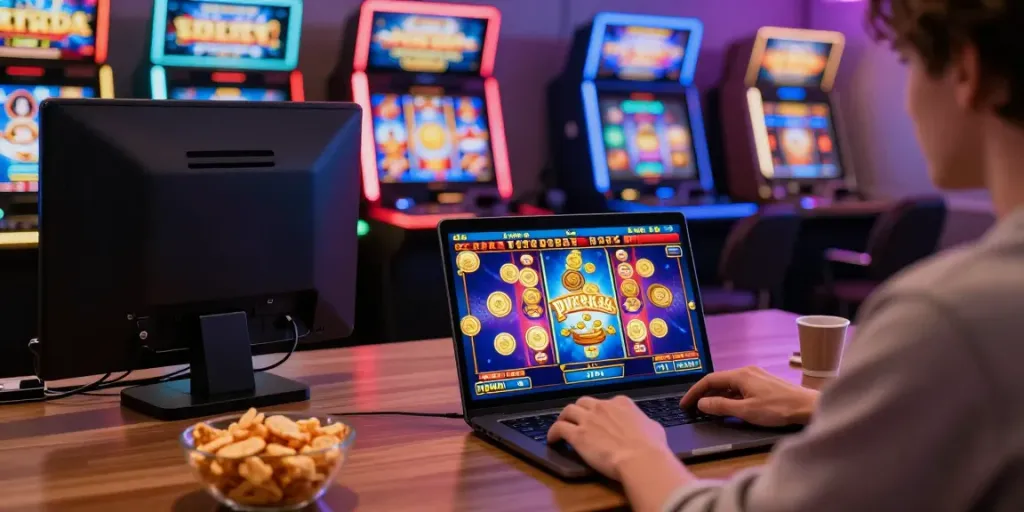Exciting scene of a user enjoying king999 digital slot game on a laptop in a cozy gaming corner.