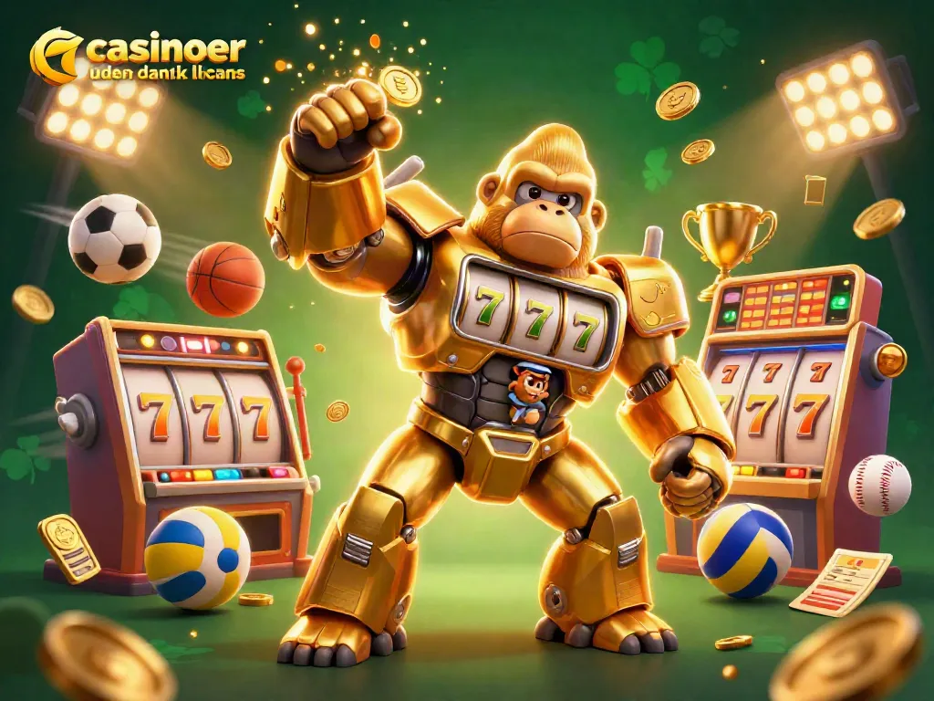 Engage with the golden gorilla mech at casinoer uden dansk licens, showcasing excitement with casino elements.