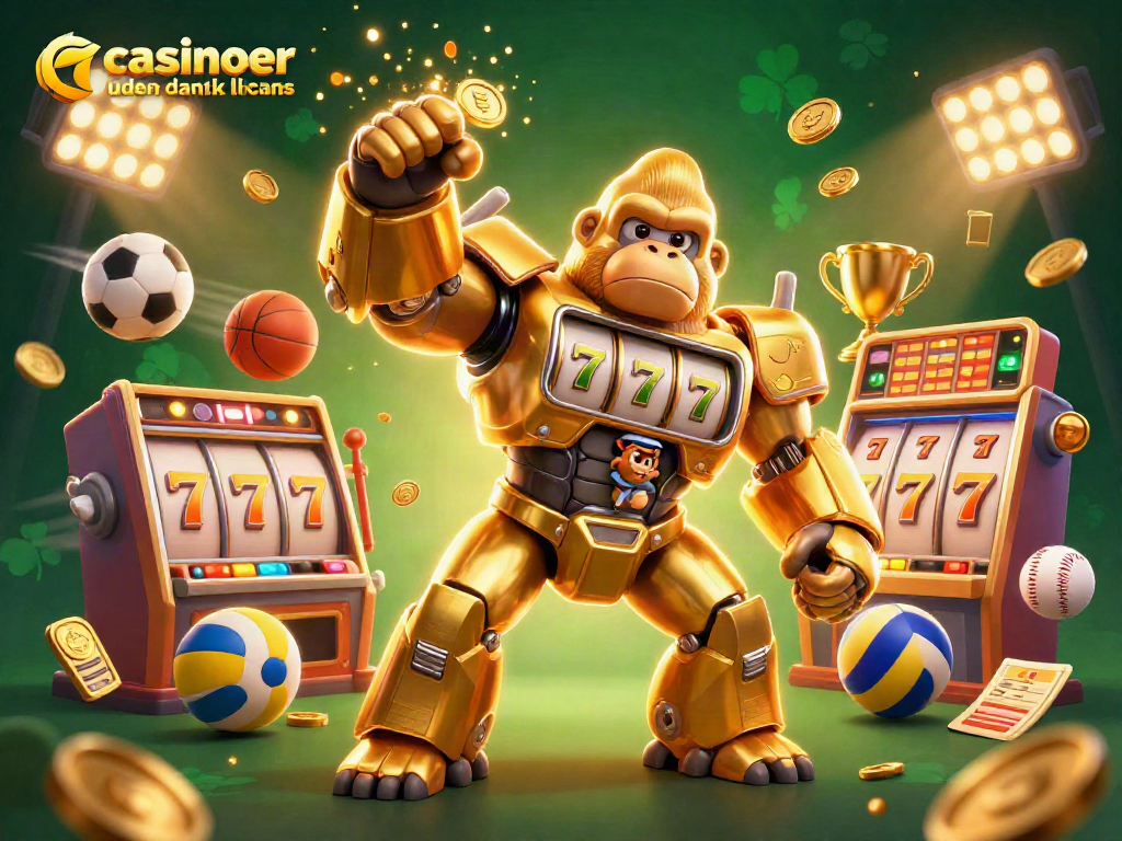 Engage with the golden gorilla mech at casinoer uden dansk licens, showcasing excitement with casino elements.