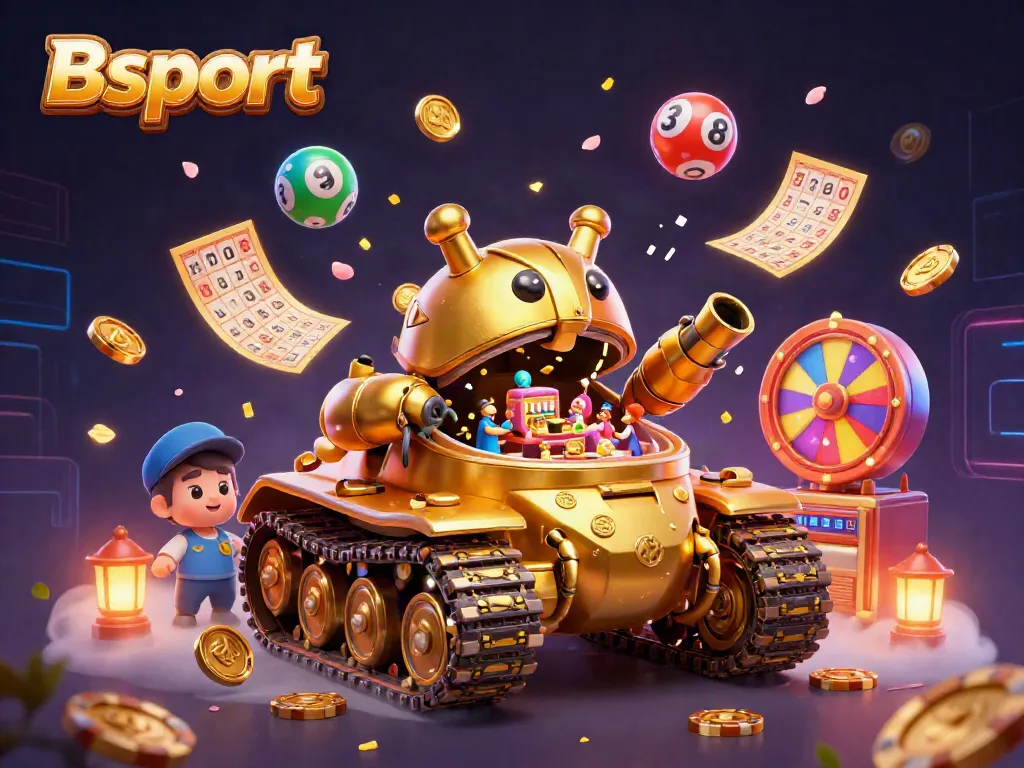 Bsport's thrilling mini casino within a golden beetle tank, showcasing vibrant lottery elements and festive confetti.