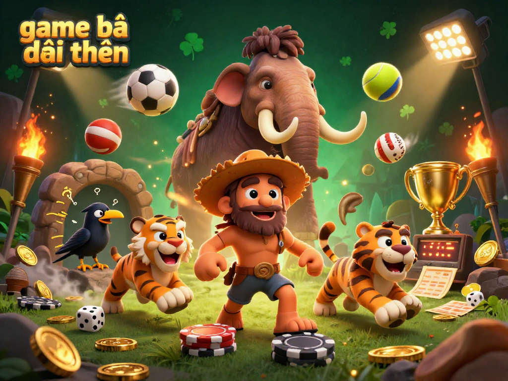 Experience thrilling game bài đổi thưởng at a prehistoric casino with vibrant characters and dynamic sports elements.