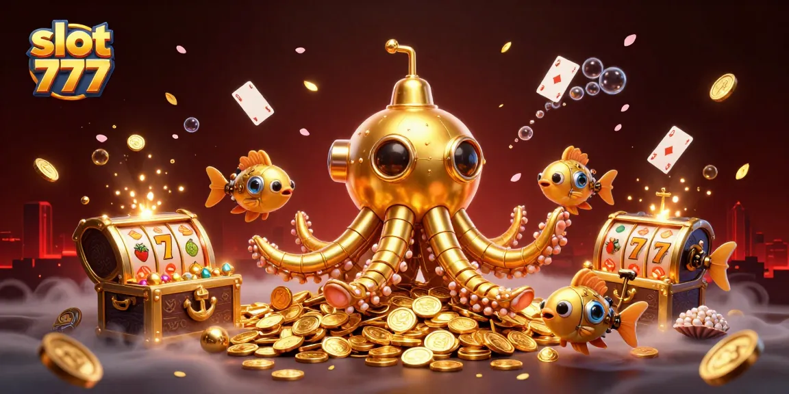 Spin the slot 777 reels in a vibrant 3D casino scene with golden kraken and treasures.