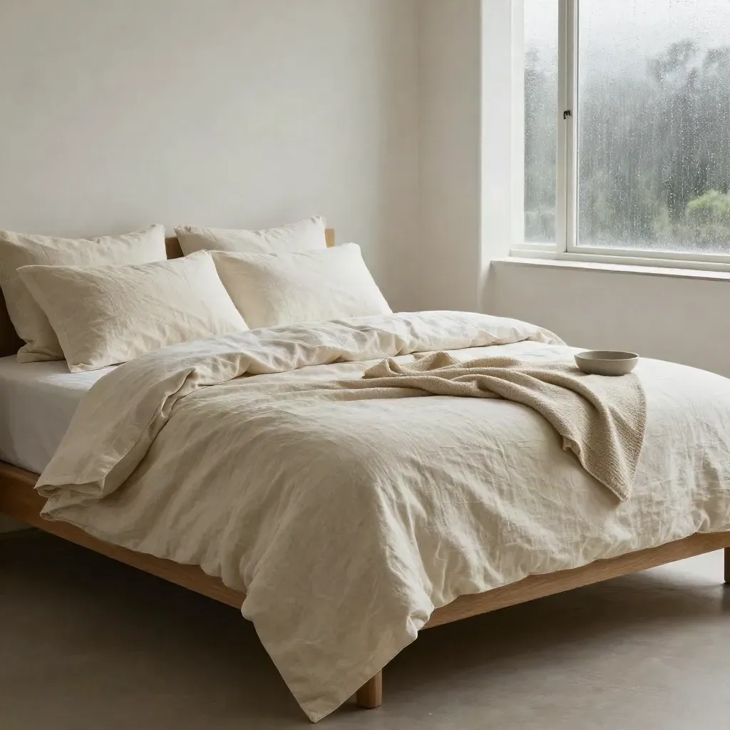 Ivory linen sheet set on a low oak bed with pillows, throw, and ceramic bowl in soft post-rain light.