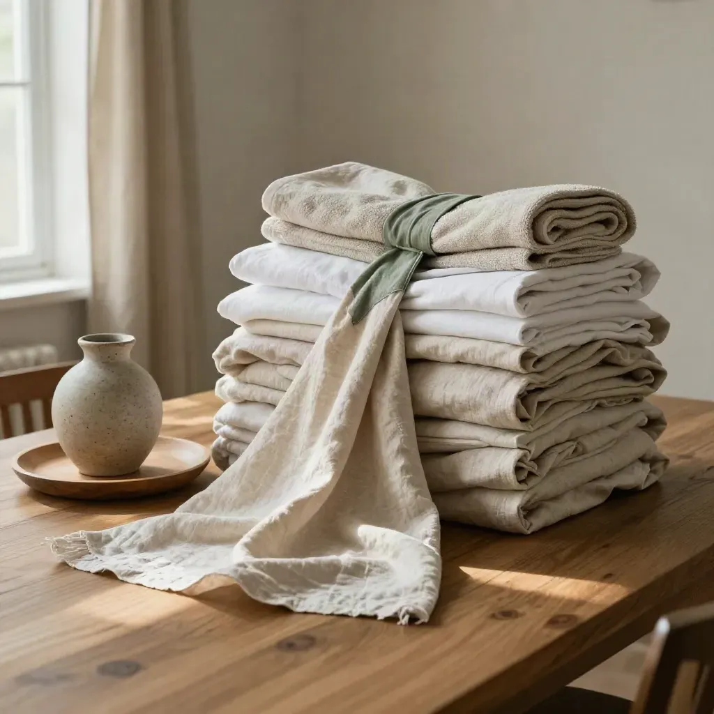 Linen bundle with sheets, tablecloth, towel roll, vase and tray on an oak table in soft window light.