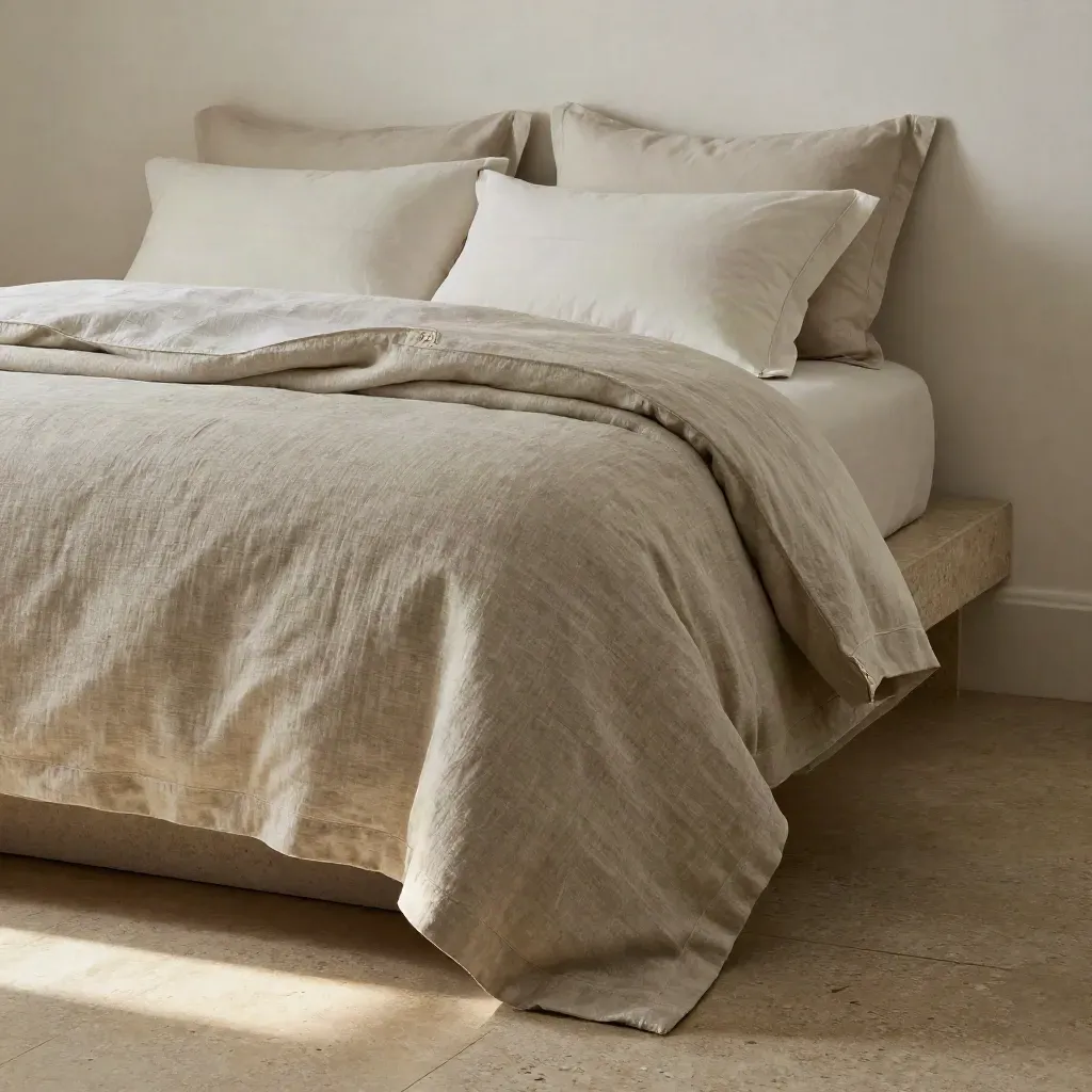 Flax king duvet cover draped over a travertine bench with pillow shams