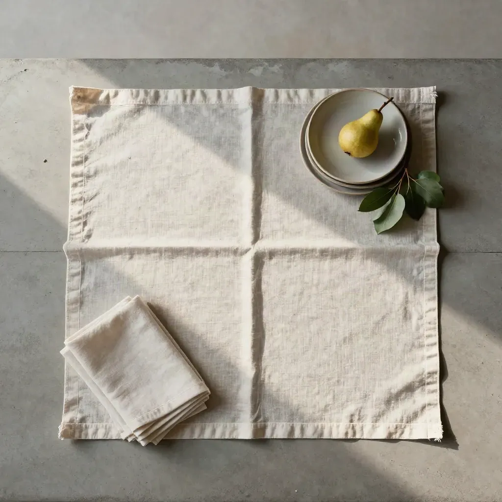 Stone linen tablecloth flatlay with napkins, stoneware plates, and a pear branch on concrete