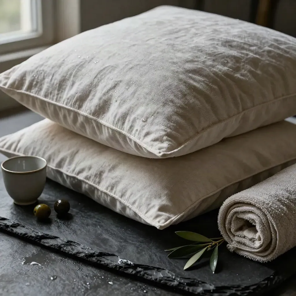 Flax linen pillowcases on wet slate with towel, cup, olive sprig, and mist