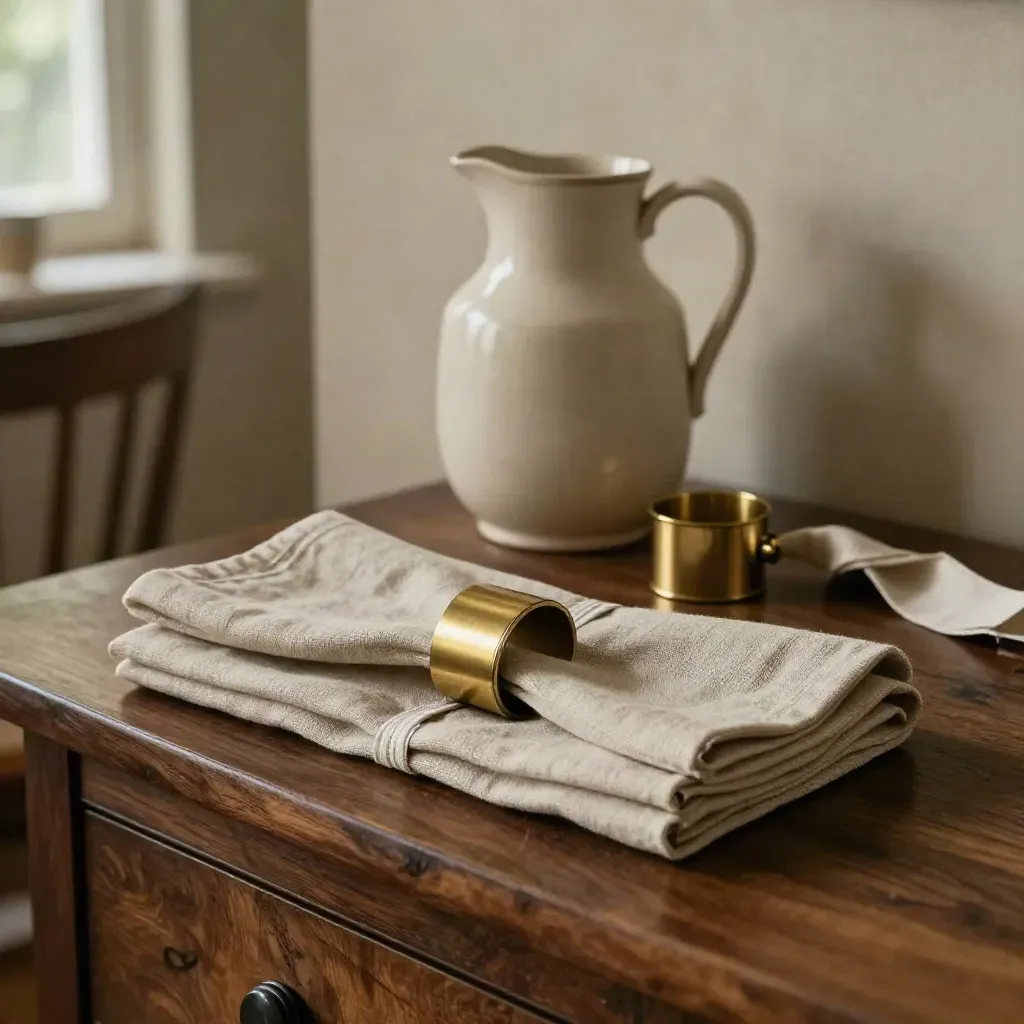 Linen napkins with jug, brass ring and ribbon on a warm walnut sideboard.