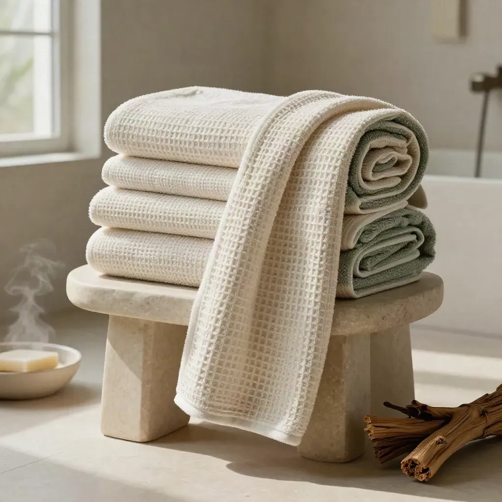 Waffle linen bath towels on a limestone stool with cedar branch and steam.