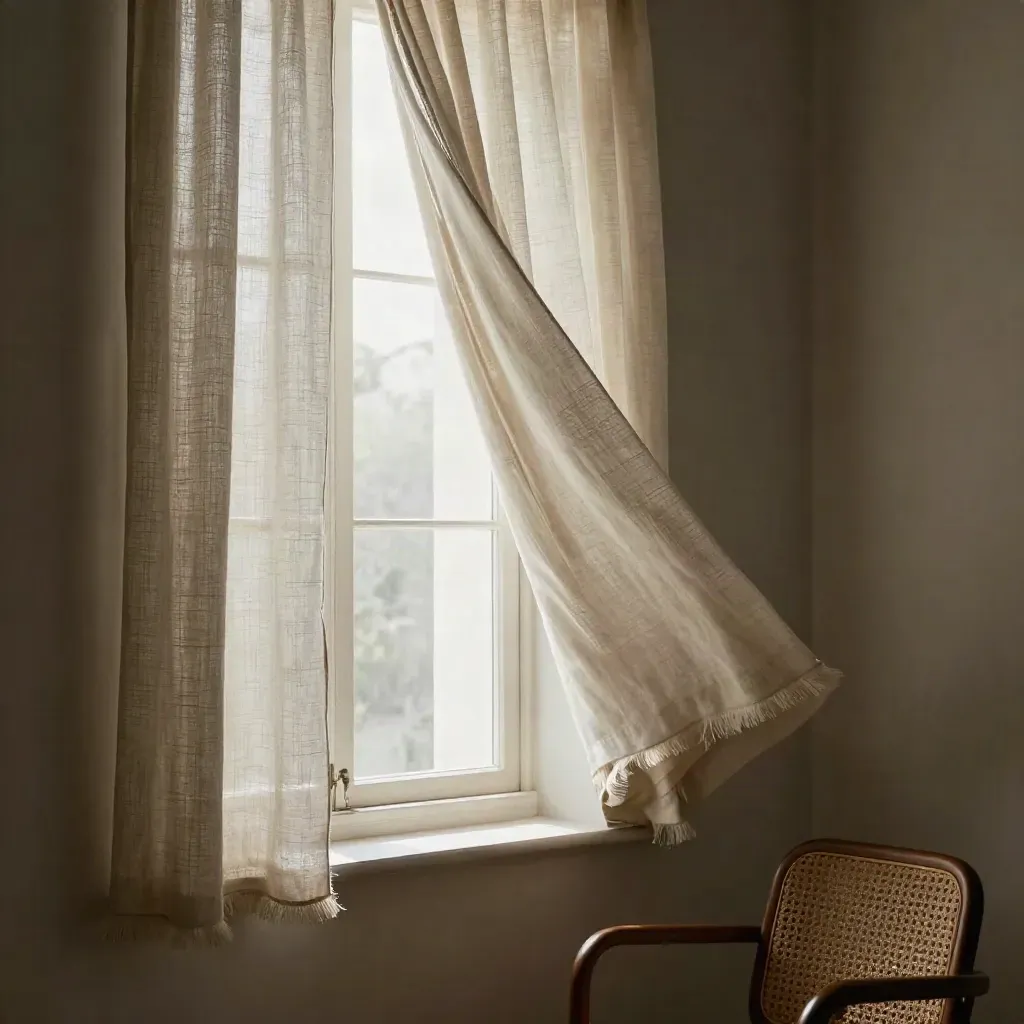 Sheer linen curtains billow at a bright window beside a blurred cane chair.