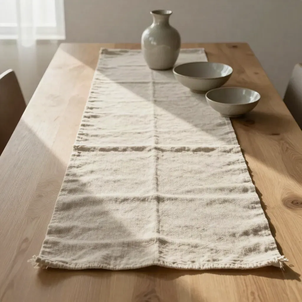 Overhead linen table runner on pale oak with carafe, bowls, and folded napkin.