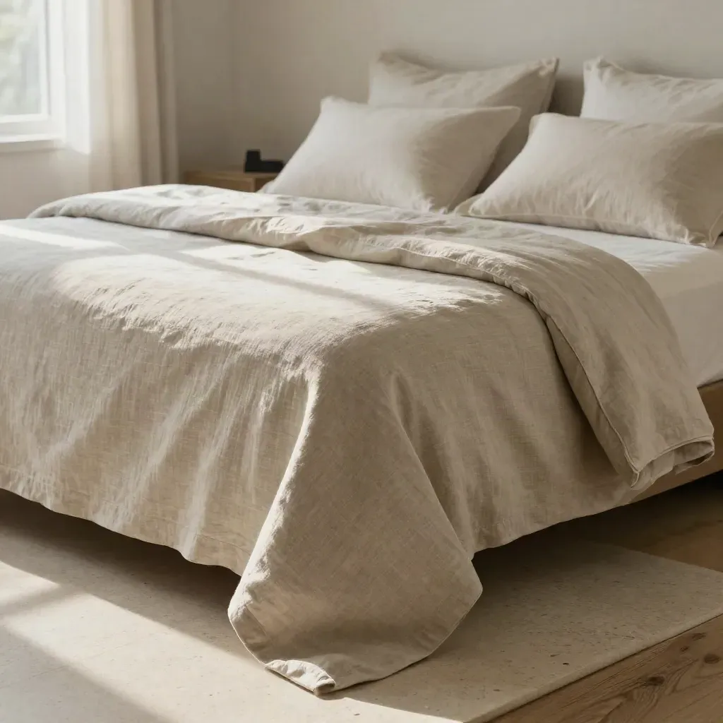 Queen flax linen sheet set arched over a low bed with pillowcases and folded duvet