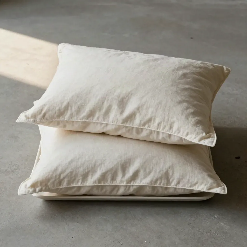 Overhead flat lay of two ivory linen pillow shams stacked on a pale tray over concrete.