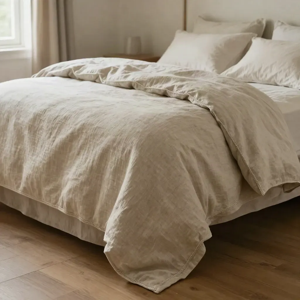 King flax duvet cover cascading on an unmade bed in soft morning light