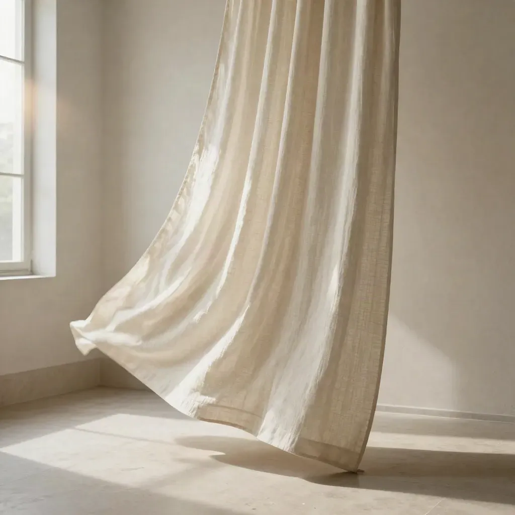 Ivory linen curtain panel billowing in soft daylight against a bright wall.