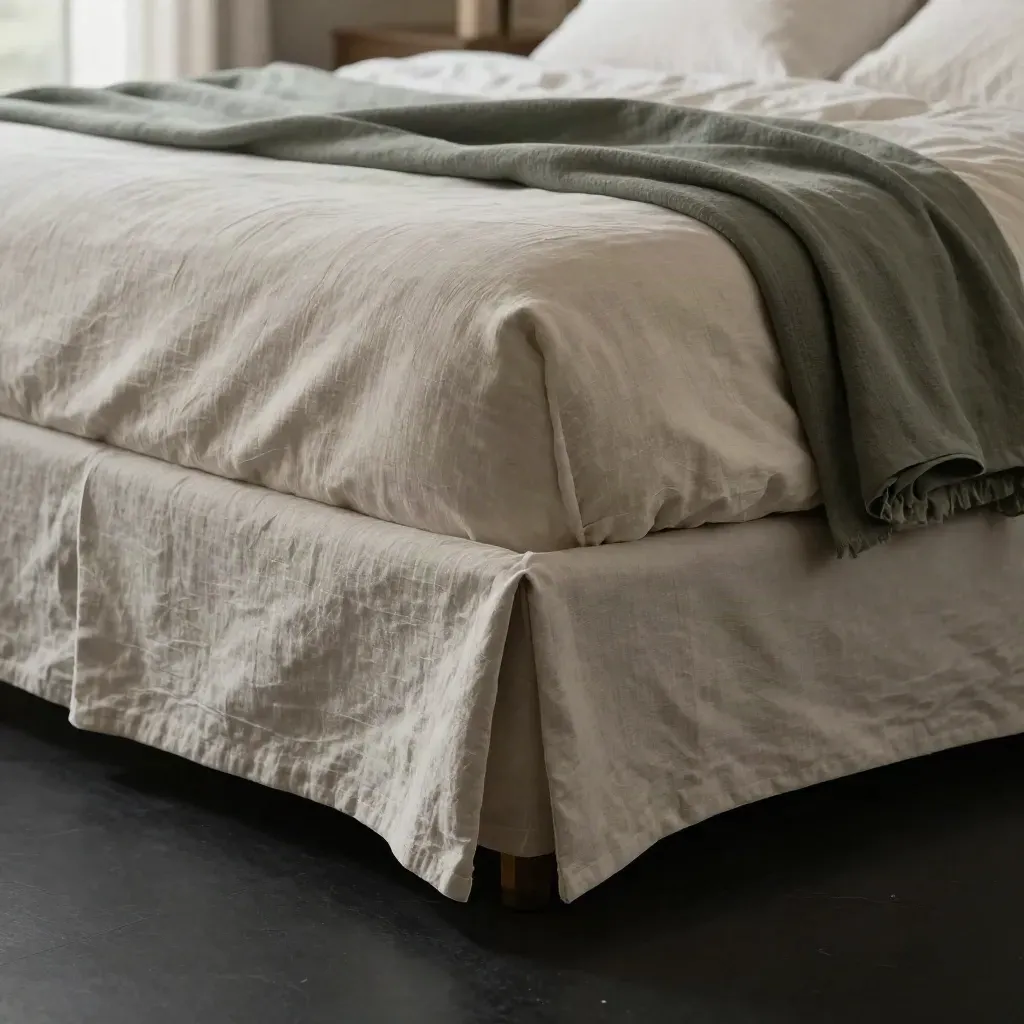 Washed linen bed skirt on a low bed base with sage accent and dramatic studio light.