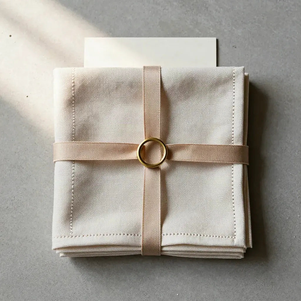 Folded hemstitch napkins with ribbon and brass ring on concrete, top-down flatlay.
