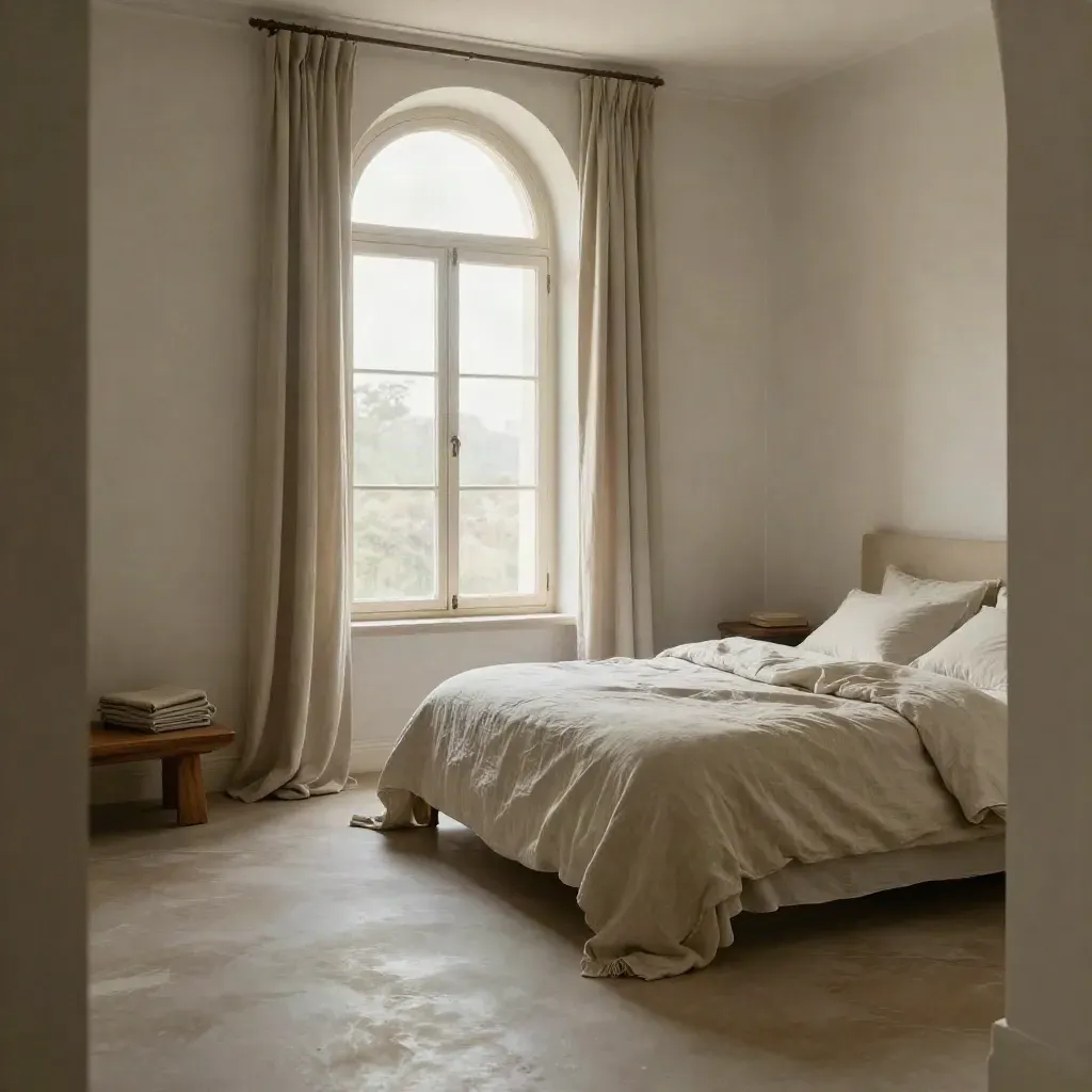 Sunlit linen bed corner with arched window and pooled drape in a calm bedroom.