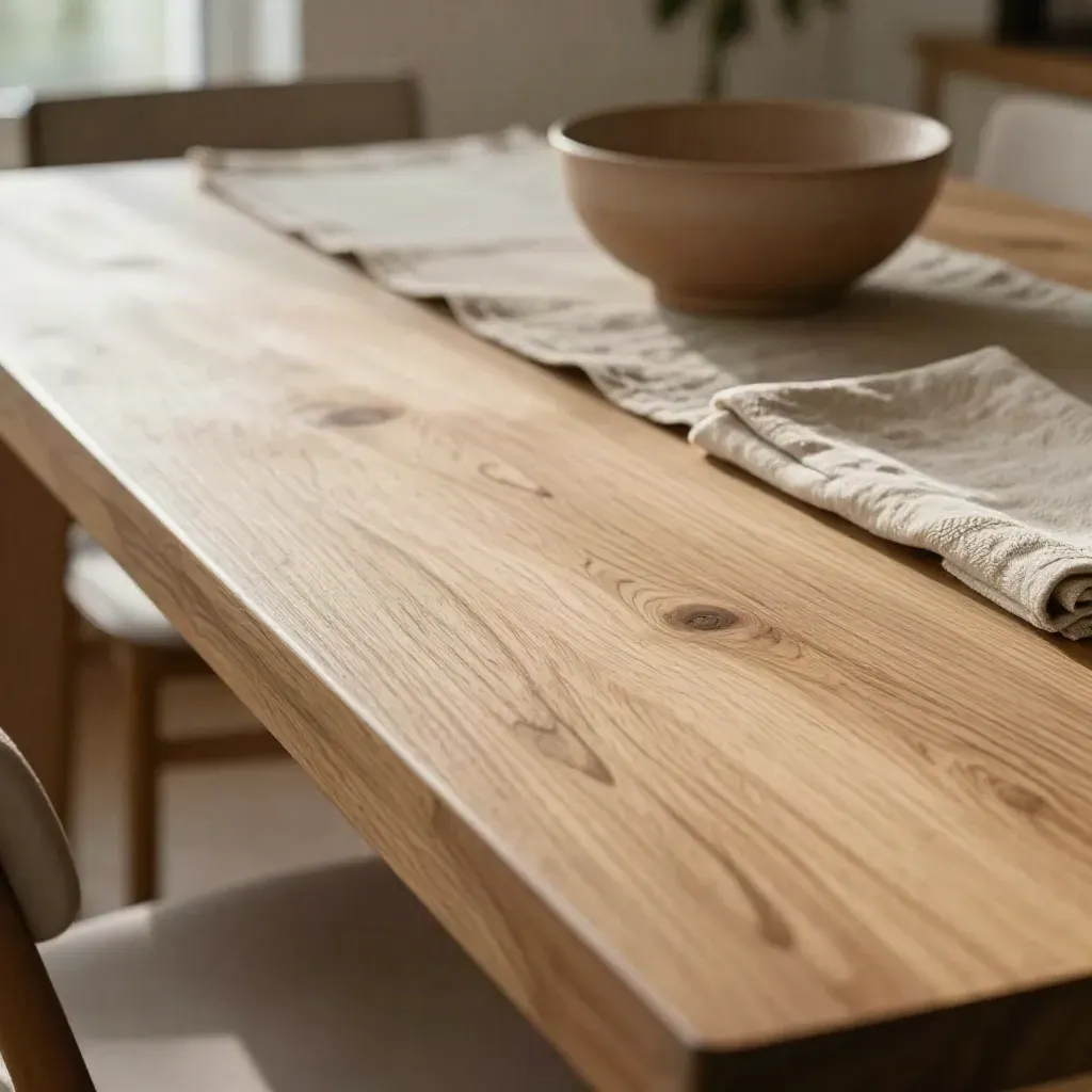 Folded linen napkins on a warm wood table with clay bowls and copy space