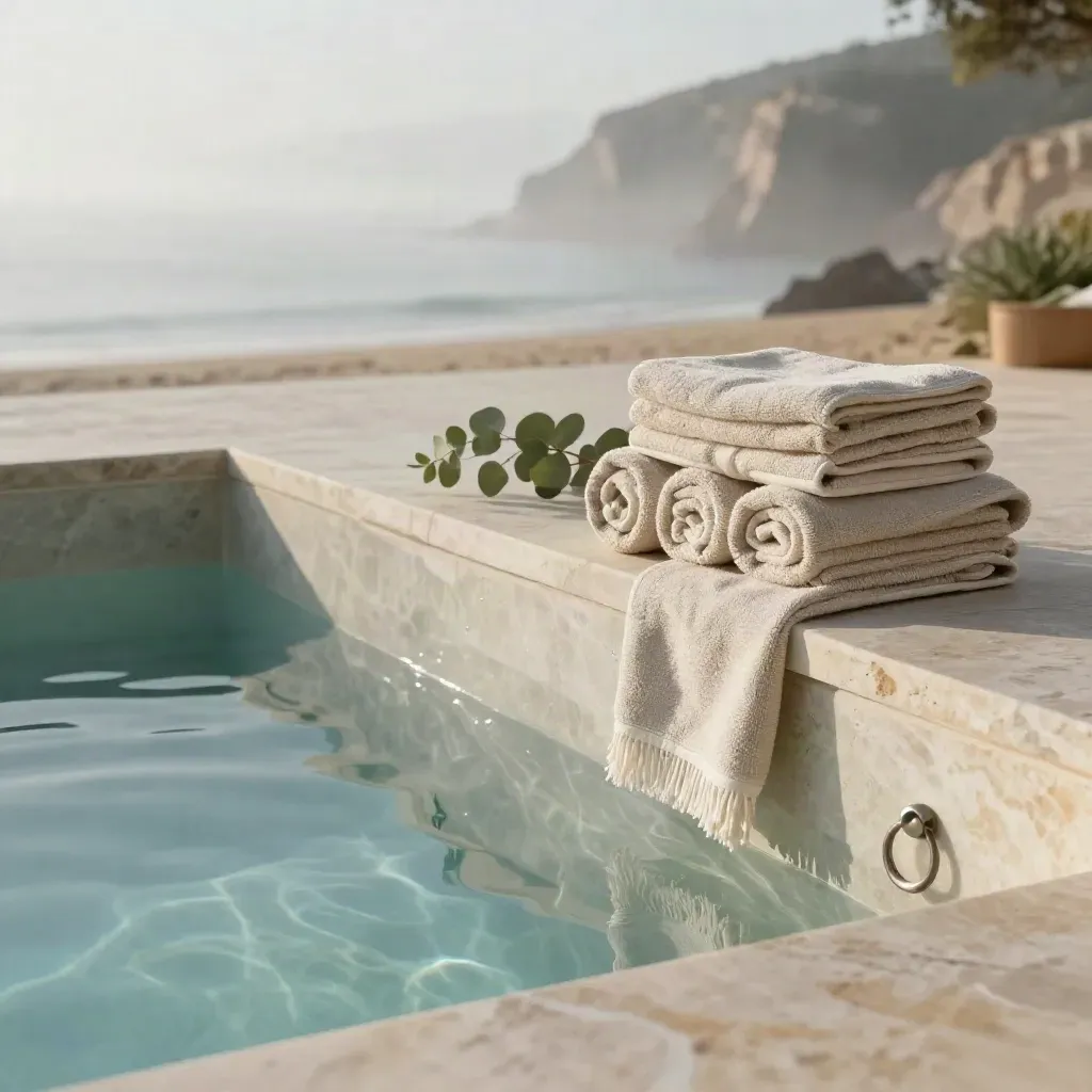 Spa terrace with linen towels, eucalyptus, limestone basin, and foggy sea horizon.