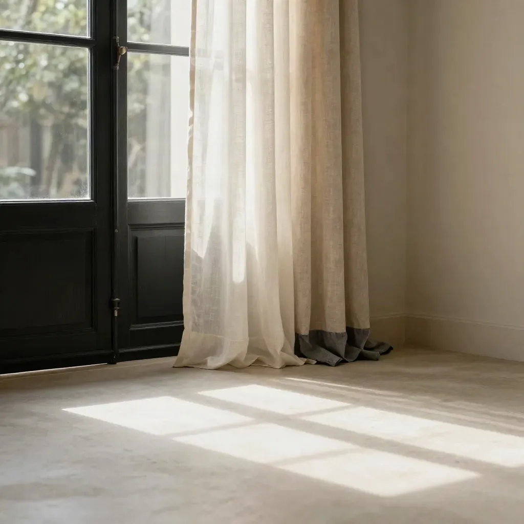 Sheer linen curtains breathing by a tall window over a quiet plaster floor.