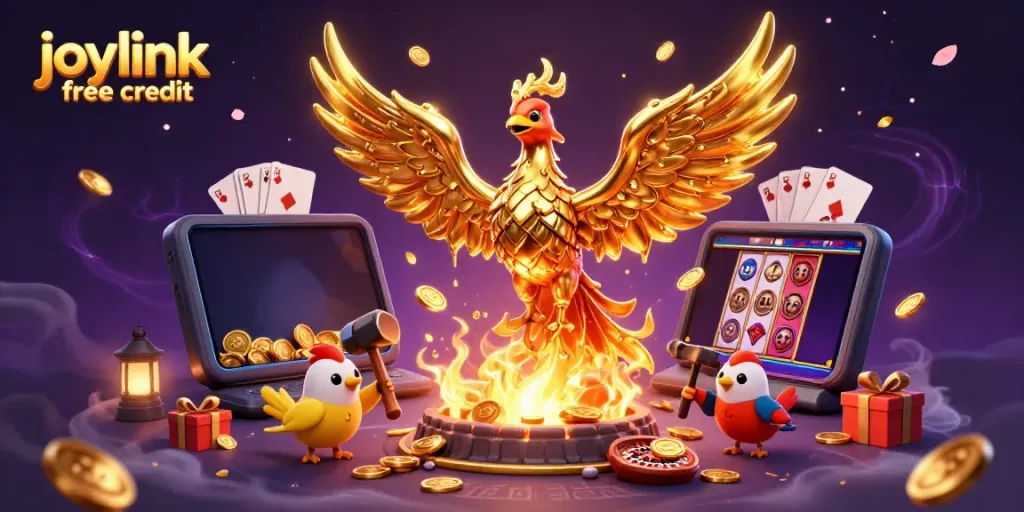 Experience exhilarating joylink free credit with a vibrant slot game scene including a molten phoenix and dynamic casino elements.