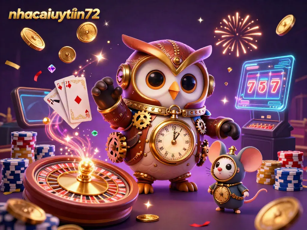 Engage with the enchanting atmosphere of nhacaiuytin72 featuring a steampunk owl and dynamic casino elements.