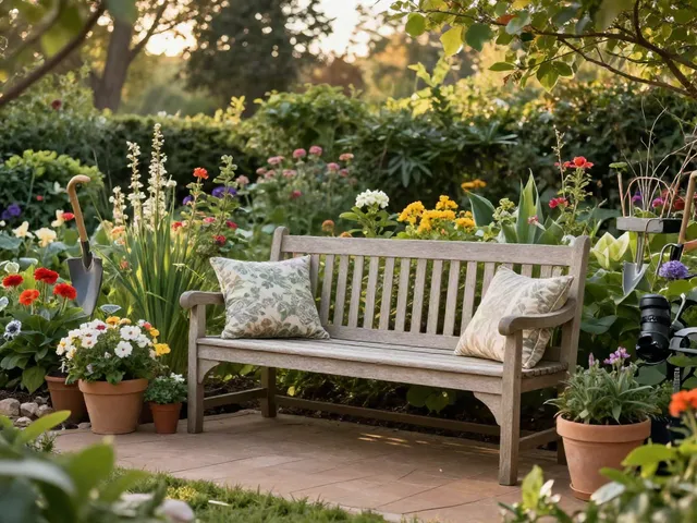 Relaxing garden space featuring Charles Taylor Garden Seating with wooden bench, cushions, and greenery.