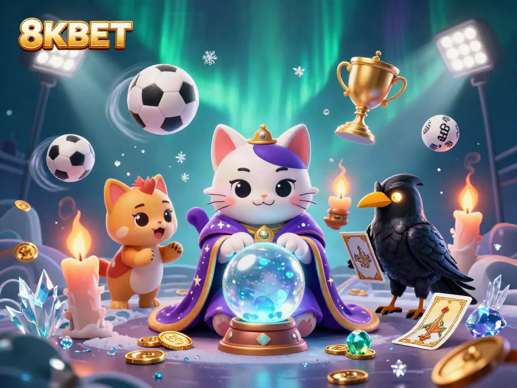 Experience 8KBET's vibrant casino scene featuring an engaging fortune teller, sports elements, and dynamic effects.