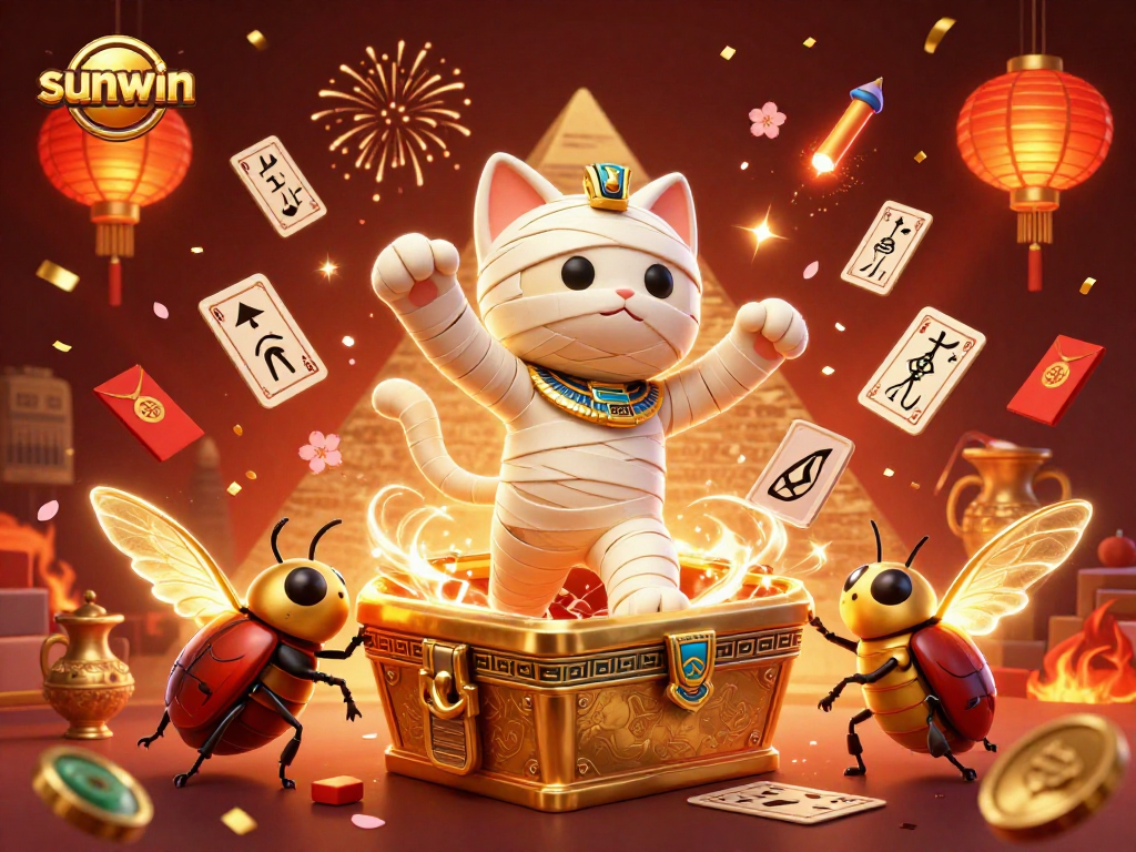 Experience the excitement of sunwin with a dynamic scene featuring a mummy cat and golden scarab in a casino.