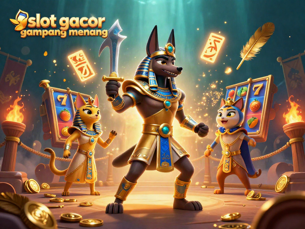 Engage with slot gacor gampang menang through vibrant 3D illustration featuring Anubis and Bastet in a dynamic casino scene.