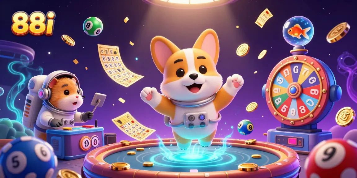 88i casino adventure with a corgi astronaut navigating a zero-gravity gaming space, engaging in a vibrant lottery experience.