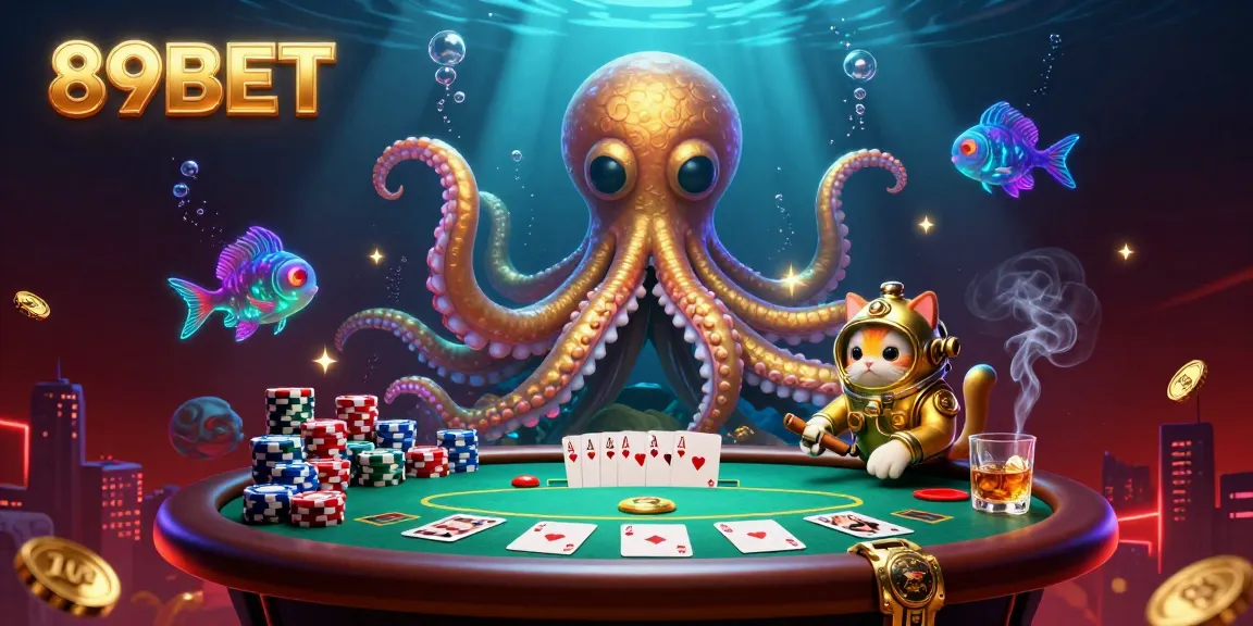 Experience thrilling gameplay at 89BET with vibrant illustrations of poker elements and a diving cat.