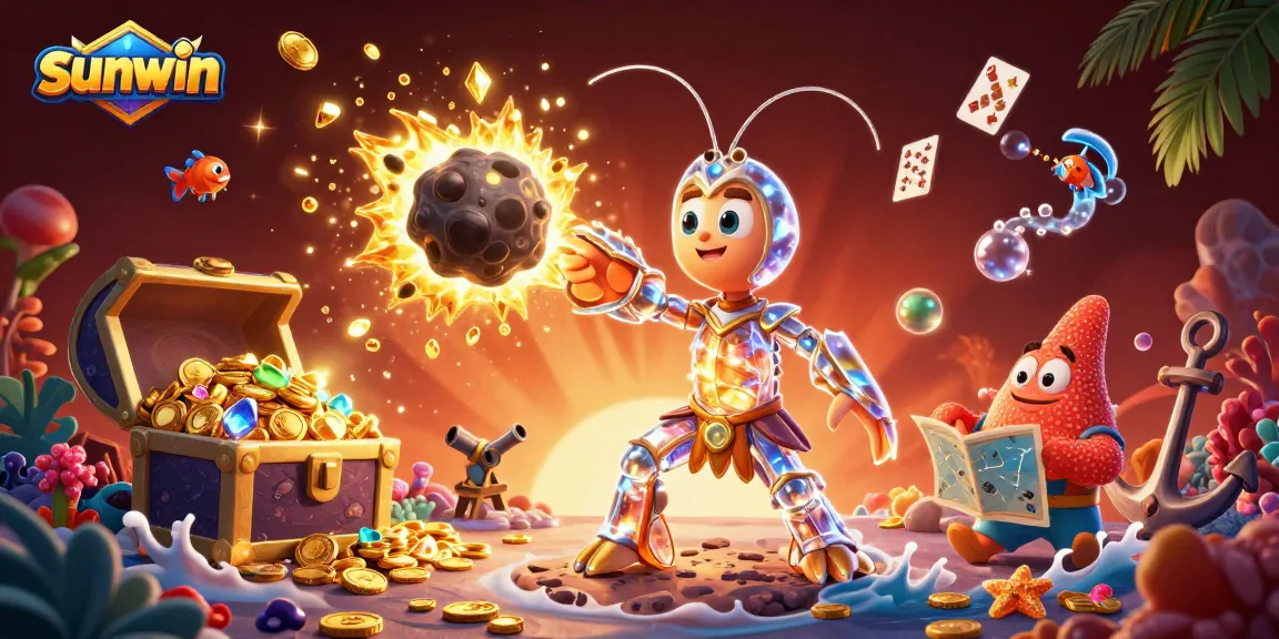 Sunwin showcases thrilling fun with 3D cartoon galactic samurai mantis shrimp in action amid exploding treasures.