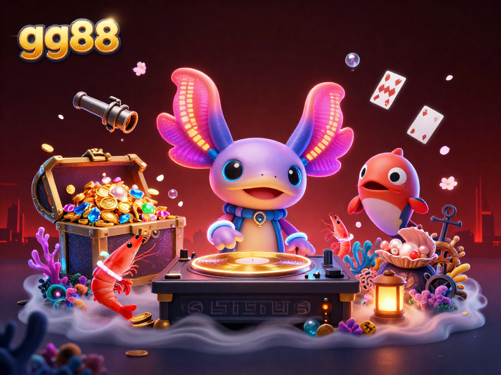 Join the fun at gg88 with a vibrant underwater casino, featuring a DJ axolotl and lively sea creatures.