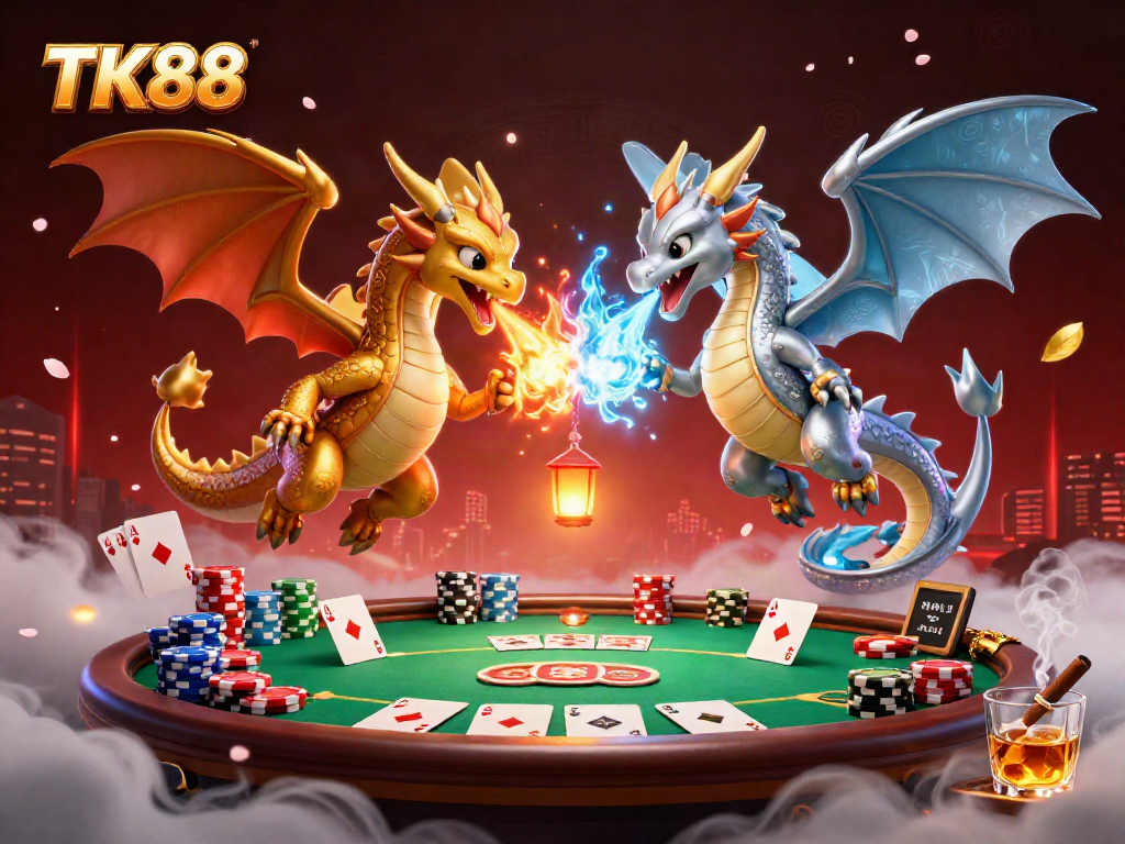 Engage in thrilling action at TK88 with a vivid dragon duel amidst dynamic poker elements.