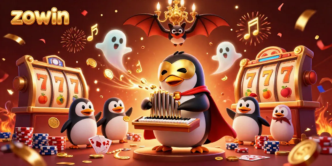 Zowin's thrilling casino scene with a phantom penguin generating gold coins amidst vibrant slot elements.