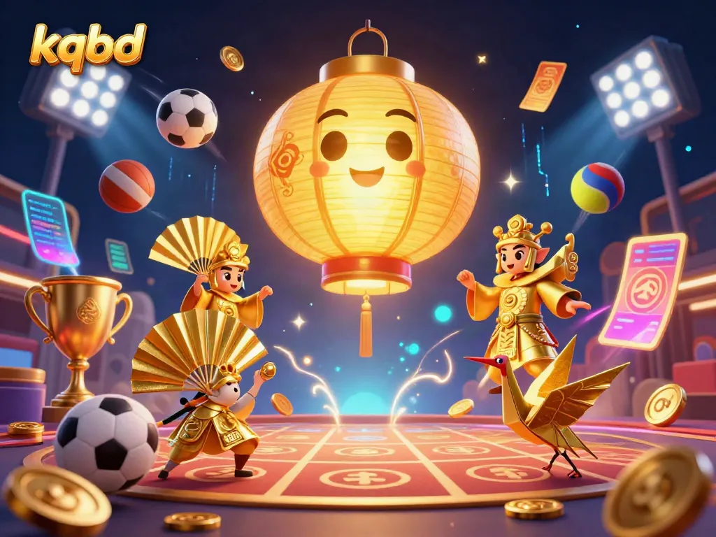 kqbd showcases a vibrant 3D scene featuring sports elements and lucky symbols in a bustling casino atmosphere.