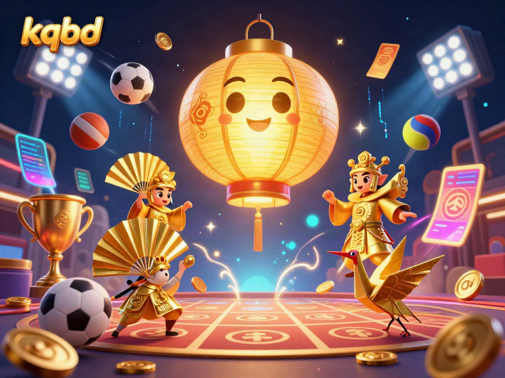 kqbd showcases a vibrant 3D scene featuring sports elements and lucky symbols in a bustling casino atmosphere.