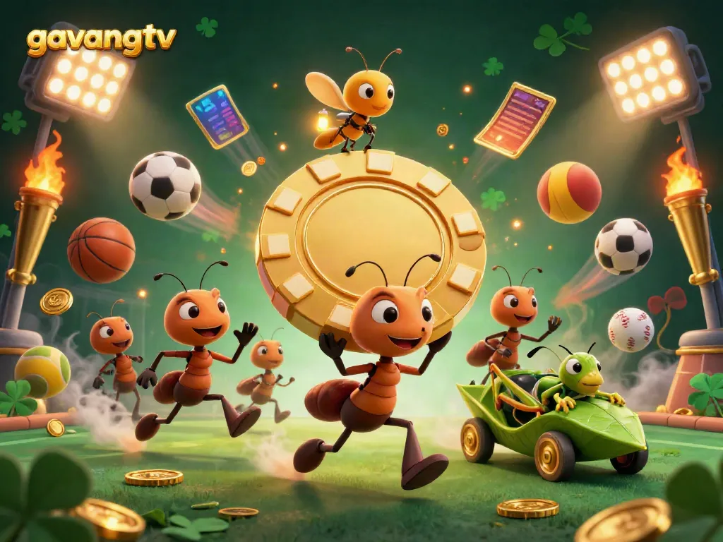 Gavangtv showcases a 3D cartoon heist scene with ants carrying a giant poker chip, surrounded by dynamic gambling elements.